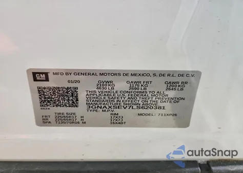 2020 Chevrolet Equinox Ls из США, поврежденный, VIN 3GNAXSEV7LS620381